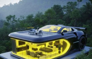 Villa in the shape of a car with neon light Villa in the shape of a car with neon light